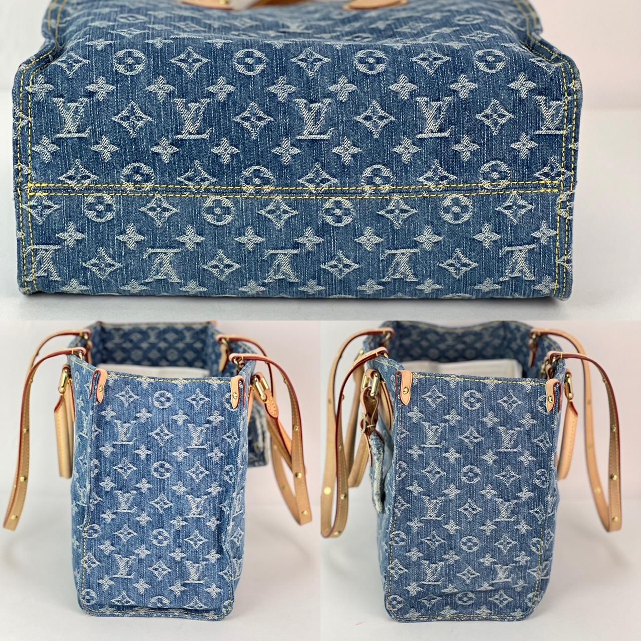 Pre-Owned  100% Authentic
LOUIS VUITTON Onthego MM Denim Remix 2024 Vachetta Trim Tote Rare
RATING: A/B...Very Good, well maintained, shows minor 
signs of wear
STRAPS: double leather, few faint stains, can be pushed 
inside of bag
DROP:
