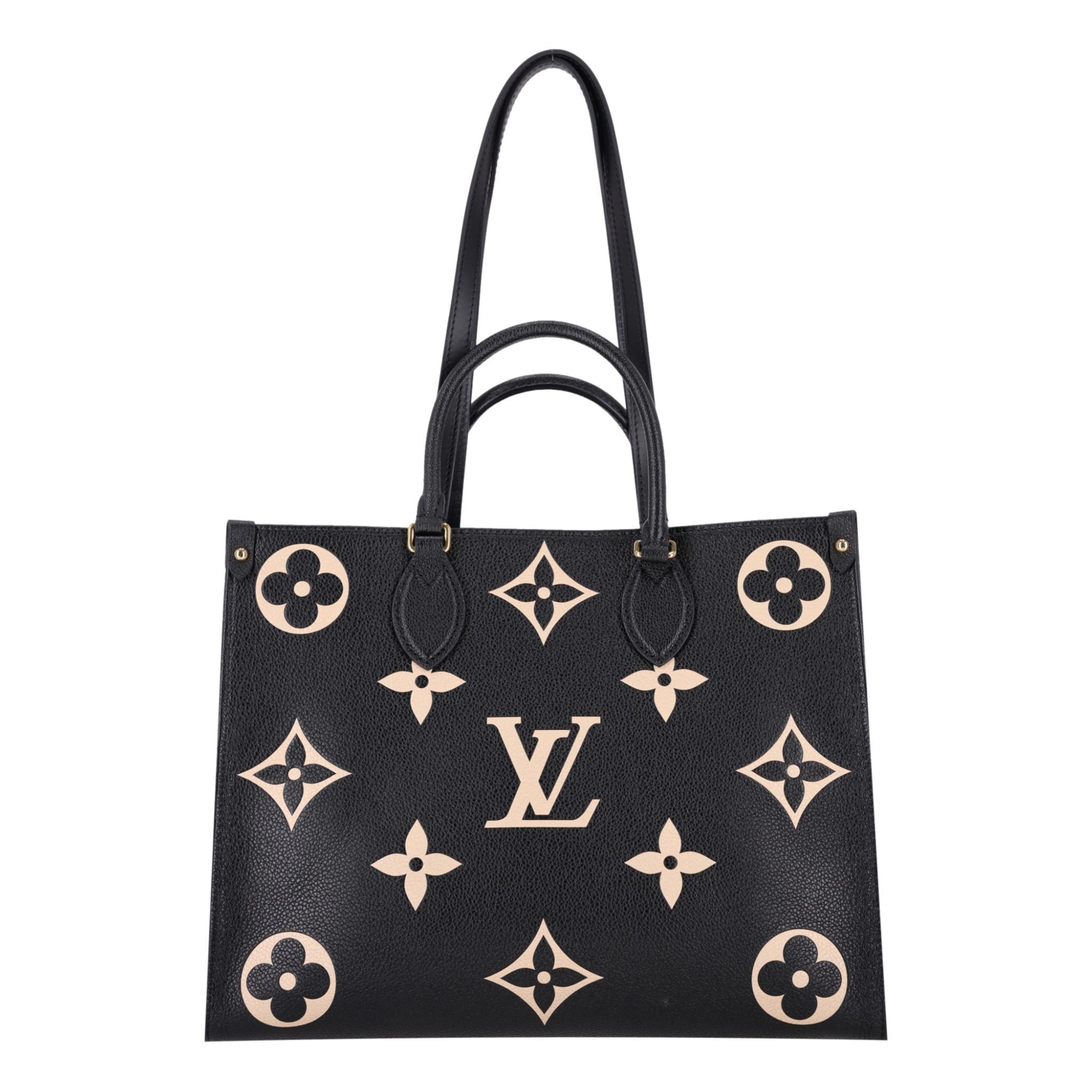 Current Season - Louis Vuitton OnTheGo MM Monogram Leather Tote Bag

Black tote bag crafted from bicolour empreinte leather with signature Monogram pattern in cream.

Featuring two sets of handles, long and short, for hand and shoulder