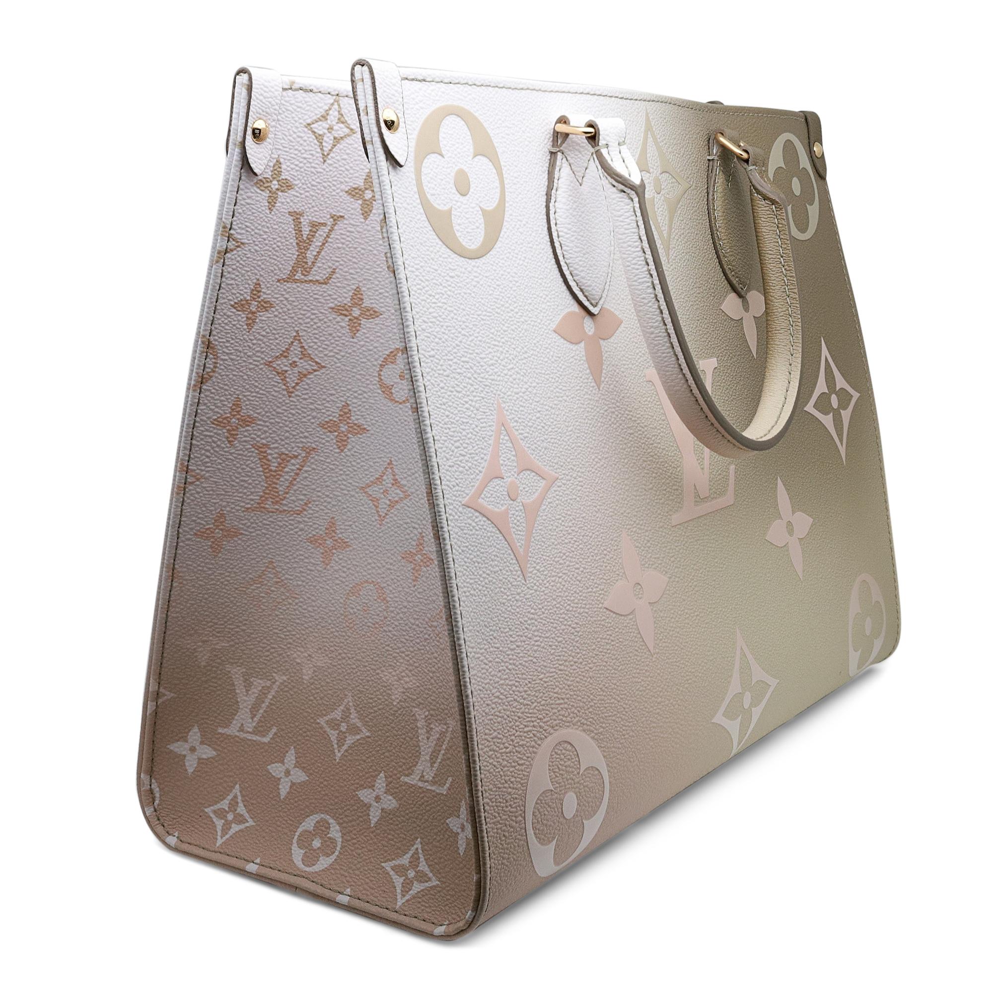 Louis Vuitton Onthego MM Sunset Kaki Leather Handbag. Featuring monogram canvas printed leather with a color gradation inspired by the sky at sunset. A roomy, well-organized carryall for office or off-duty pursuits. the bag is fitted with both top
