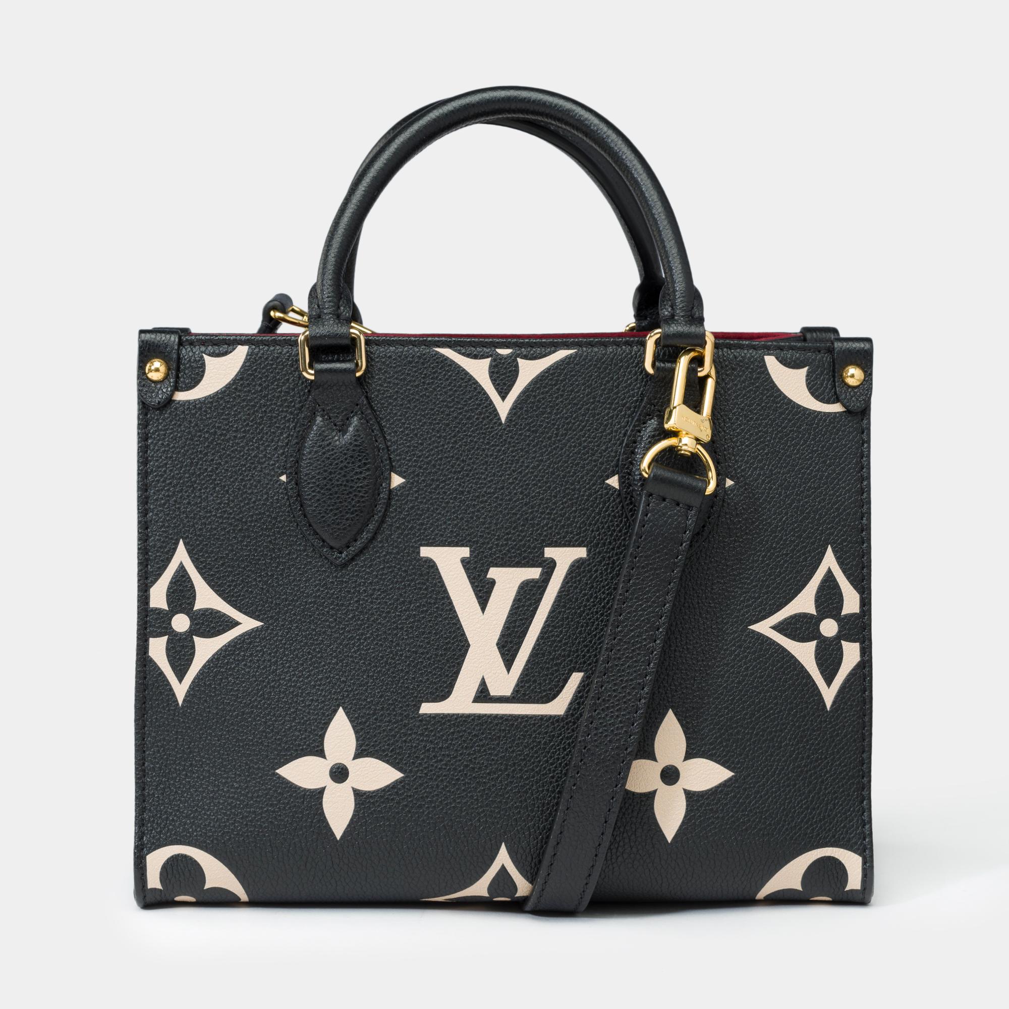 Inspired​ ​by​ ​Louis​ ​Vuitton’s​ ​famous​ ​Sac​ ​Plat​ ​from​ ​1968,​ ​the​ ​OnTheGo​ ​PM​ ​tote​ ​is​ ​fashioned​ ​in​ ​Monogram​ ​Empreinte​ ​leather,​ ​embossed​ ​with​ ​a​ ​Medium​ ​Bicolor​ ​Monogram​ ​pattern.​ ​This​ ​smaller​ ​version​