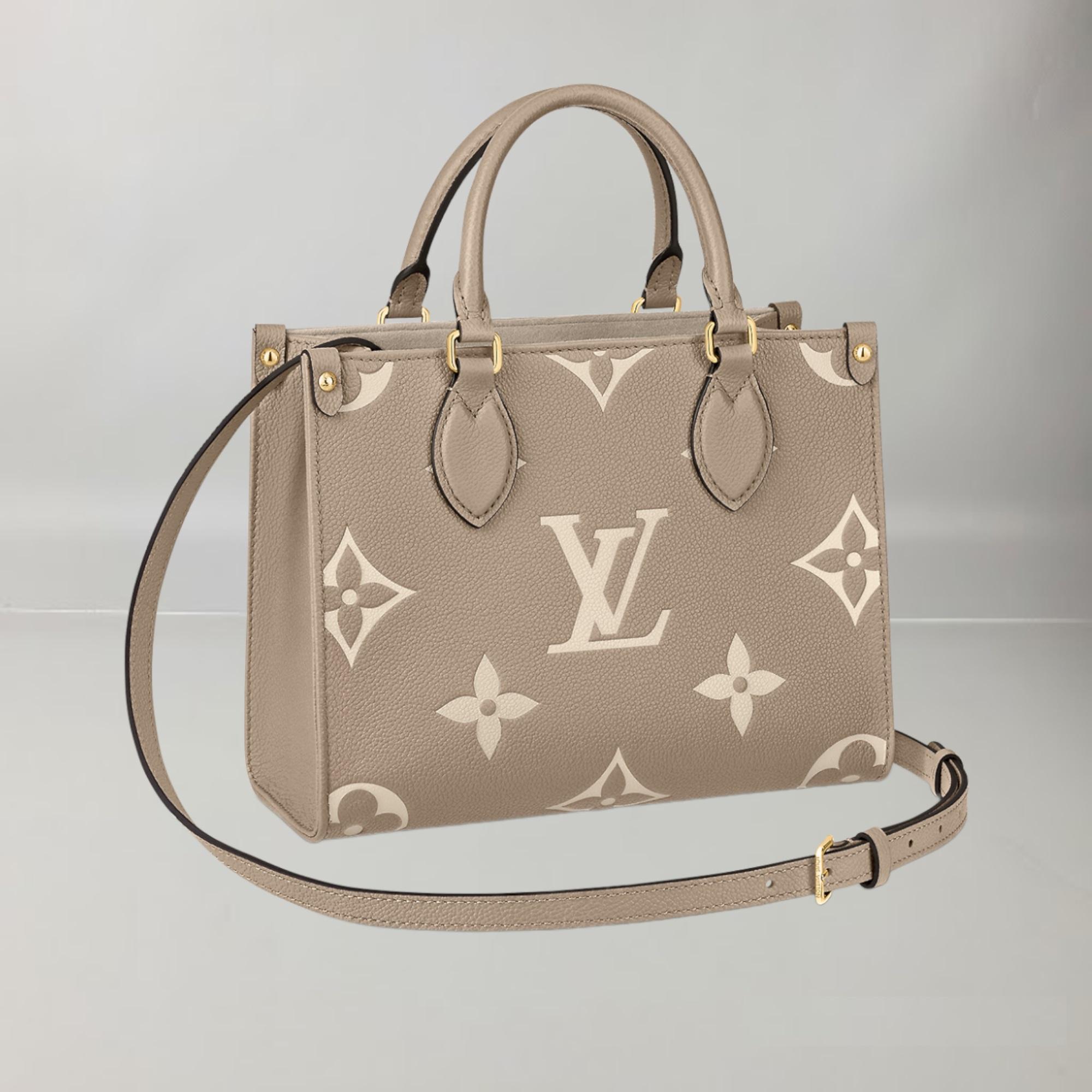 Louis Vuitton Onthego PM Tote Bag Tourterelle / Crème Monogram Empreinte Leather For Sale 6