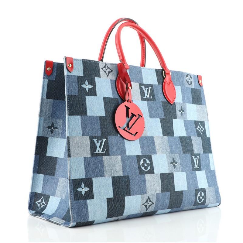 Gray Louis Vuitton OnTheGo Tote Damier and Monogram Patchwork Denim GM