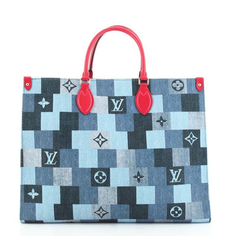 Gray Louis Vuitton OnTheGo Tote Damier and Monogram Patchwork Denim GM