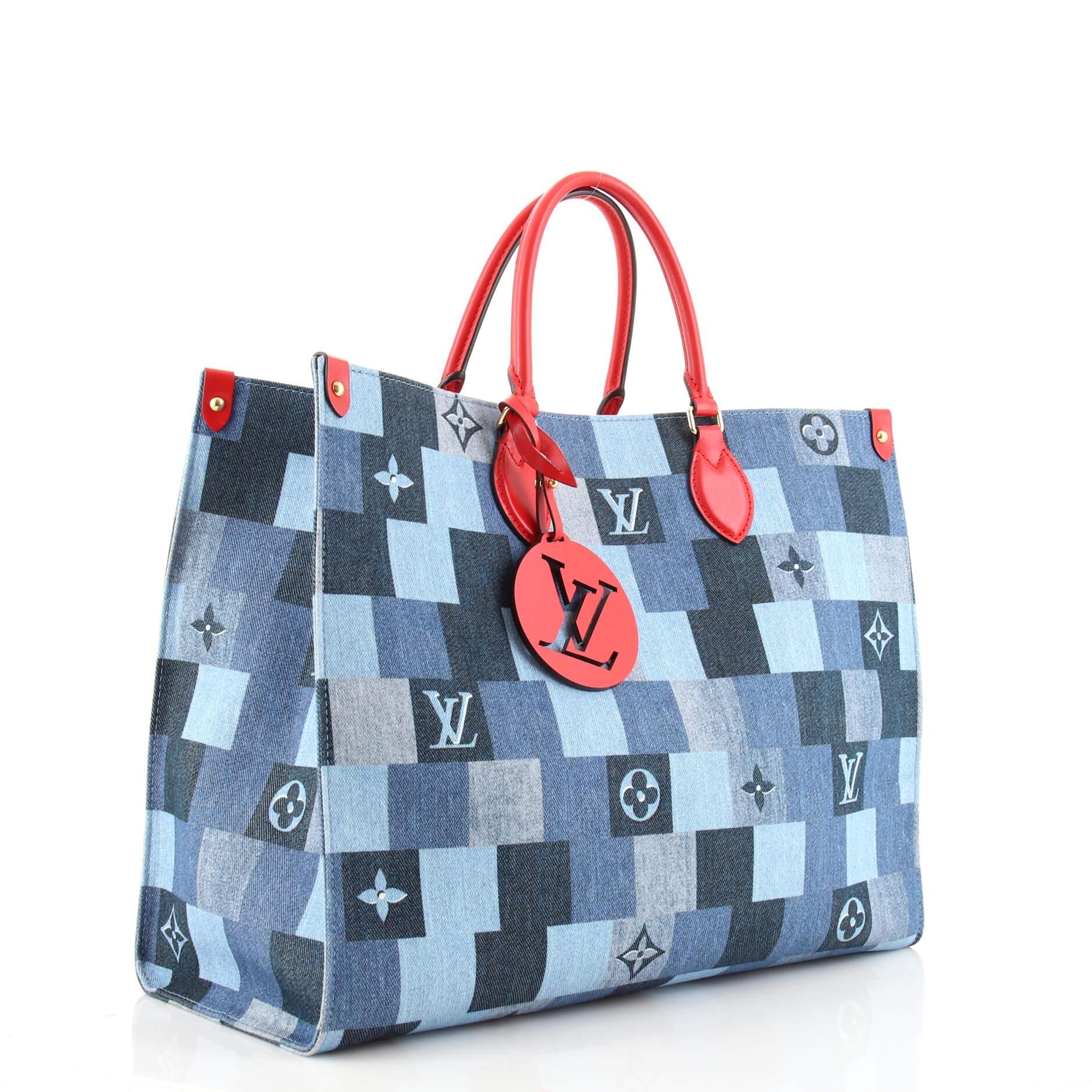 Gray Louis Vuitton OnTheGo Tote Damier and Monogram Patchwork Denim GM