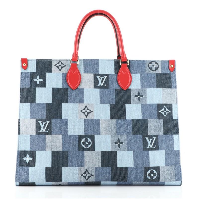 Gray Louis Vuitton OnTheGo Tote Damier and Monogram Patchwork Denim GM