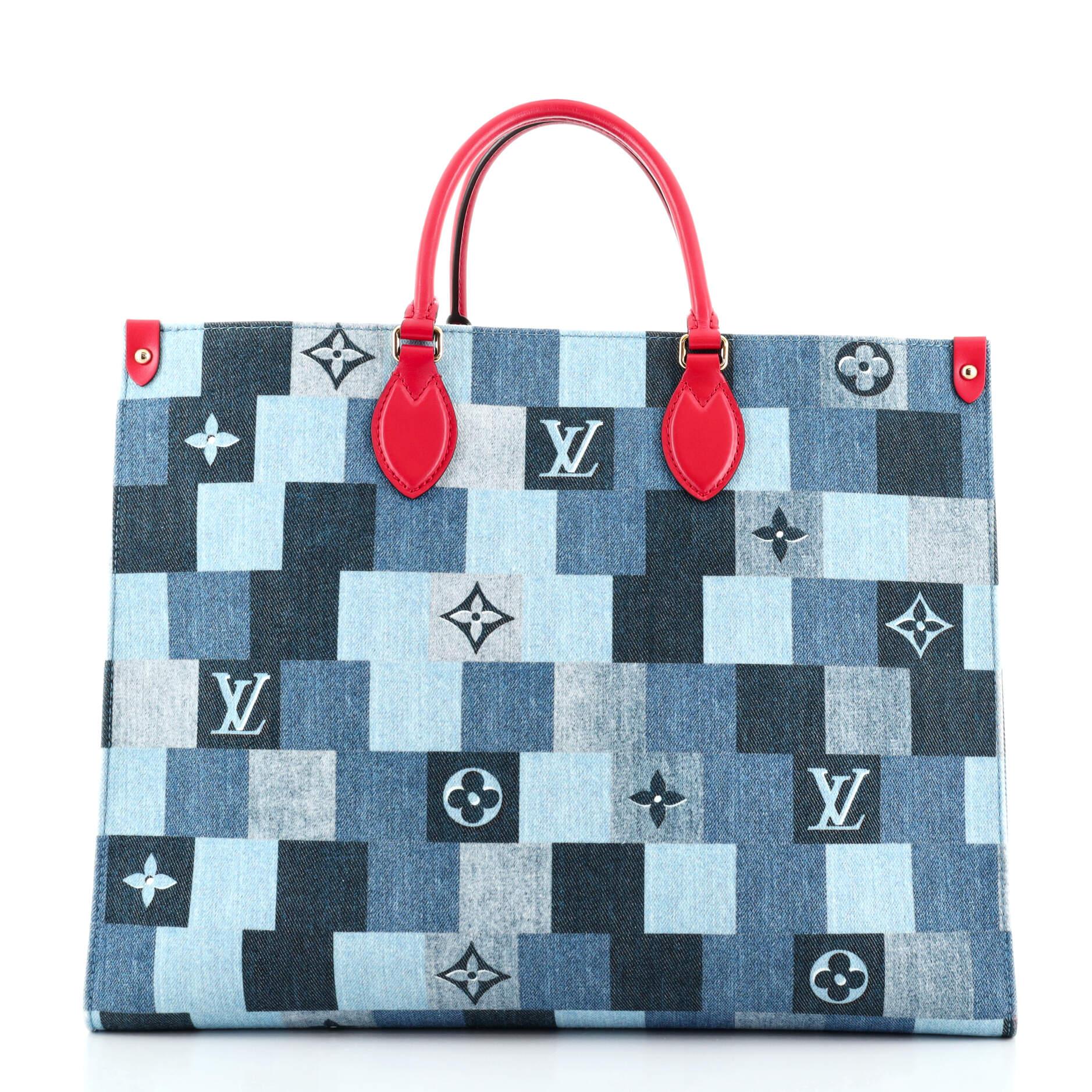 Blue Louis Vuitton OnTheGo Tote Damier and Monogram Patchwork Denim GM