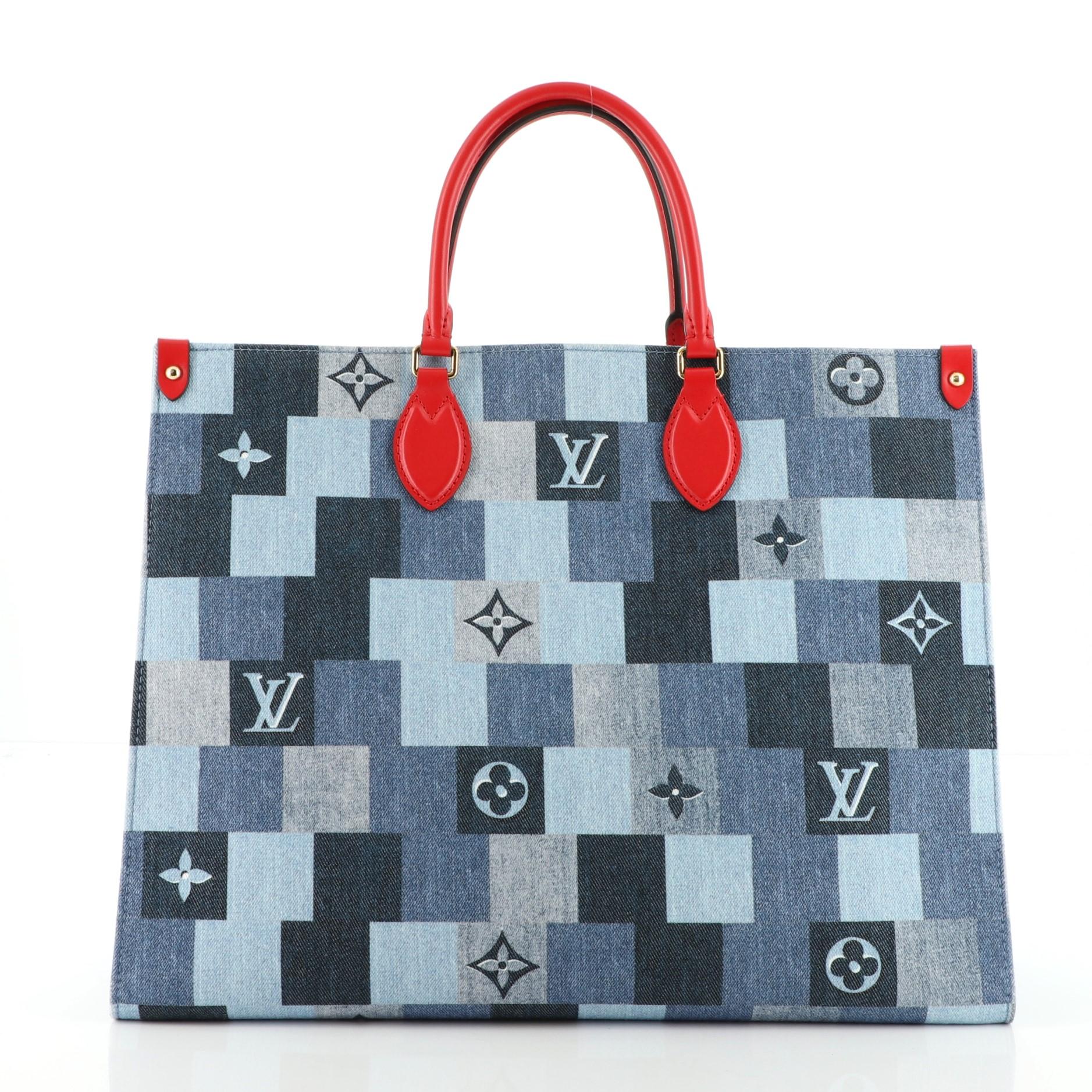 Gray Louis Vuitton OnTheGo Tote Damier and Monogram Patchwork Denim GM