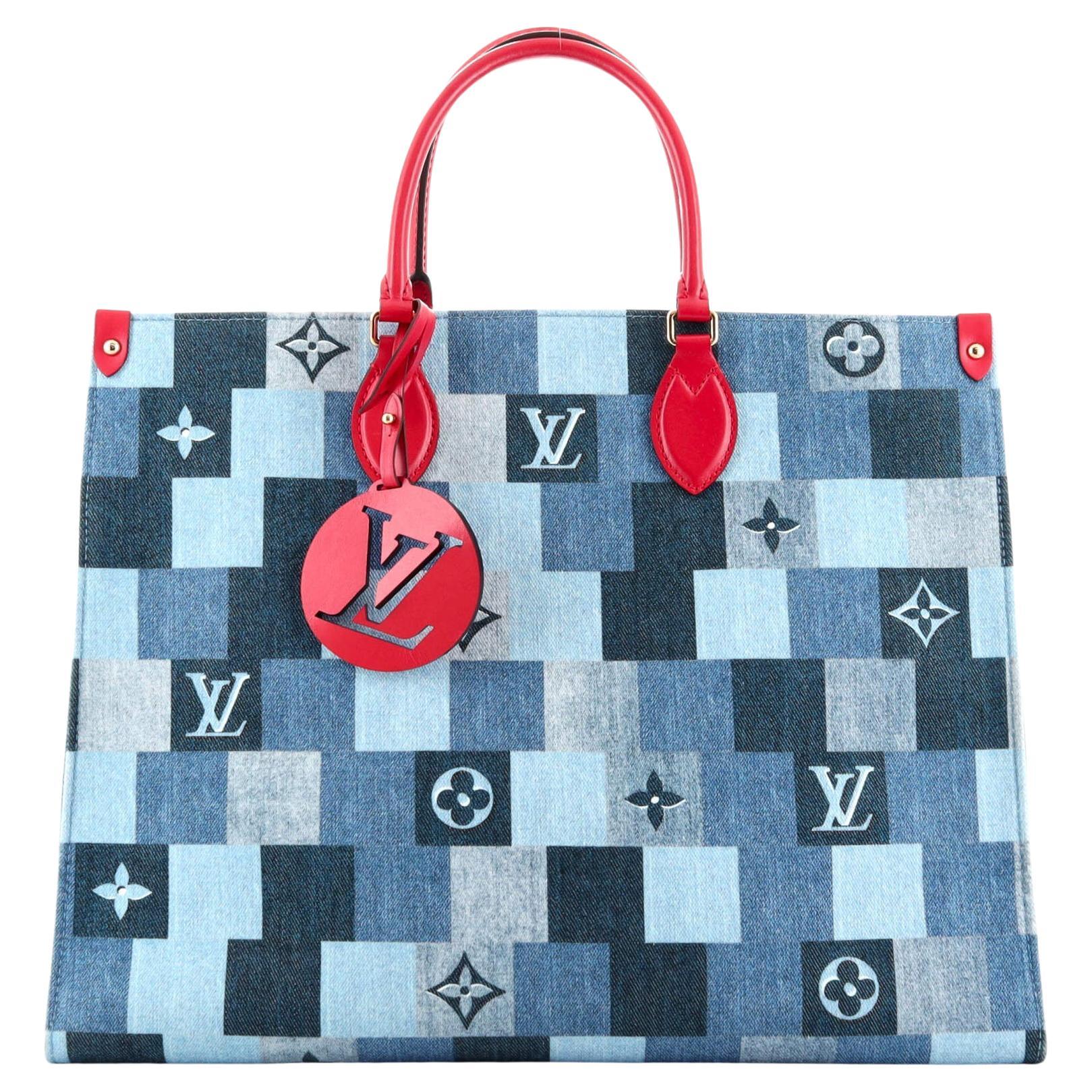 LOUIS VUITTON, DAMIER PATCHWORK ONTHEGO TOTE IN DENIM AND LEATHER WITH  GOLD TONE HARDWARE, Handbags & Accessories, 2020