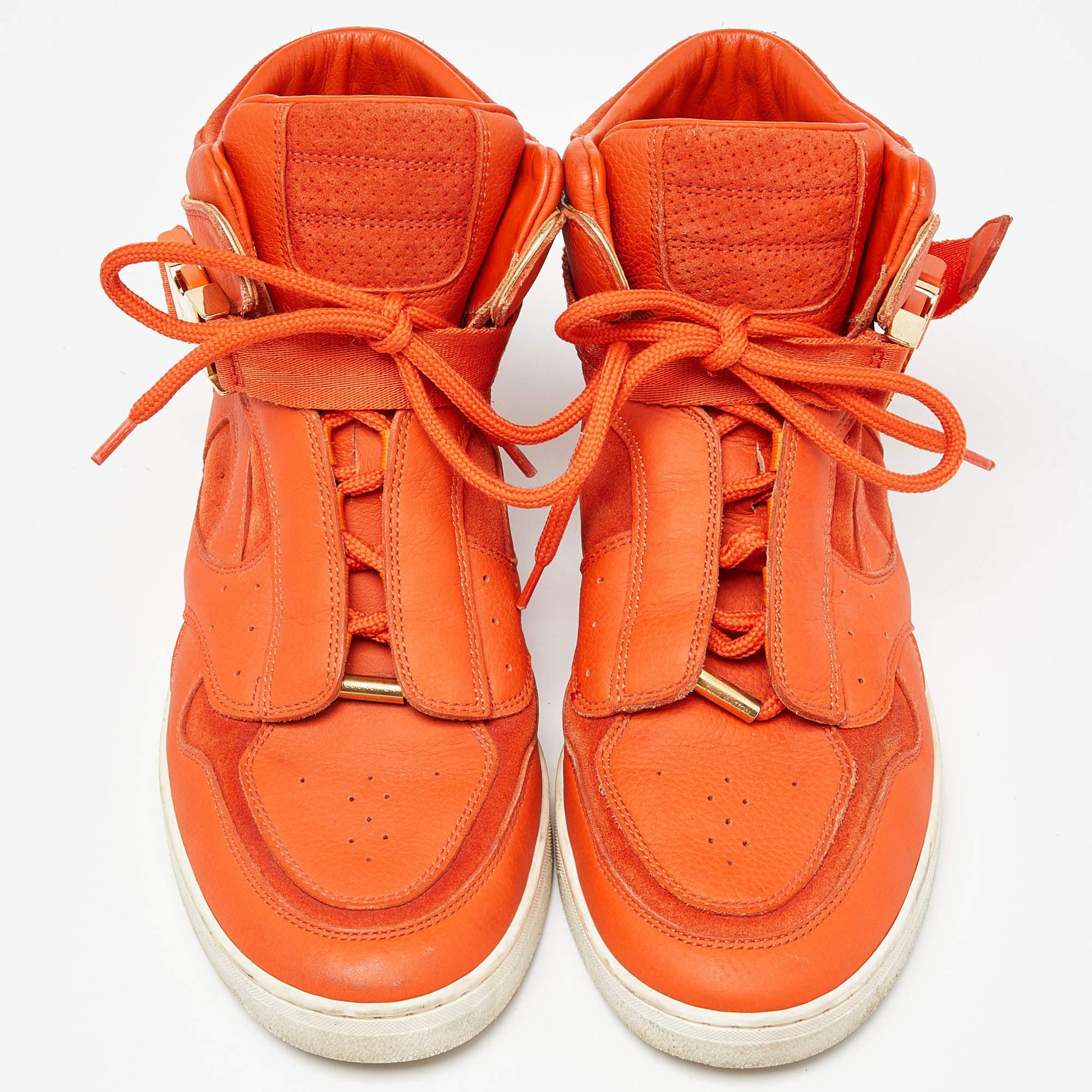 Louis Vuitton Orange Leather and Suede Slipstream High Top Sneakers Size 36 In Good Condition For Sale In Dubai, Al Qouz 2