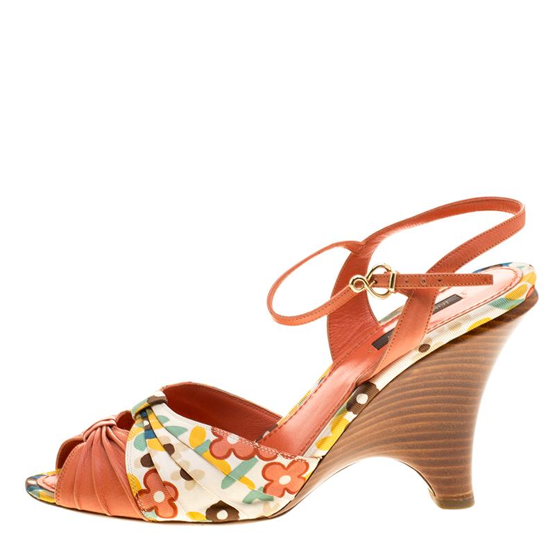 Louis Vuitton Orange Motif Printed Fabric and Leather Ankle Strap Sandals Size 3 2