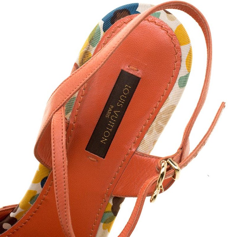 Louis Vuitton Orange Motif Printed Fabric and Leather Ankle Strap Sandals Size 3 For Sale at 1stdibs