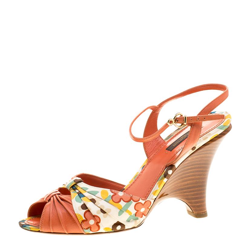 Louis Vuitton Orange Motif Printed Fabric and Leather Ankle Strap Sandals Size 3