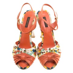 Louis Vuitton Orange Motif Printed Fabric Ankle Strap Sandals Size 38.5