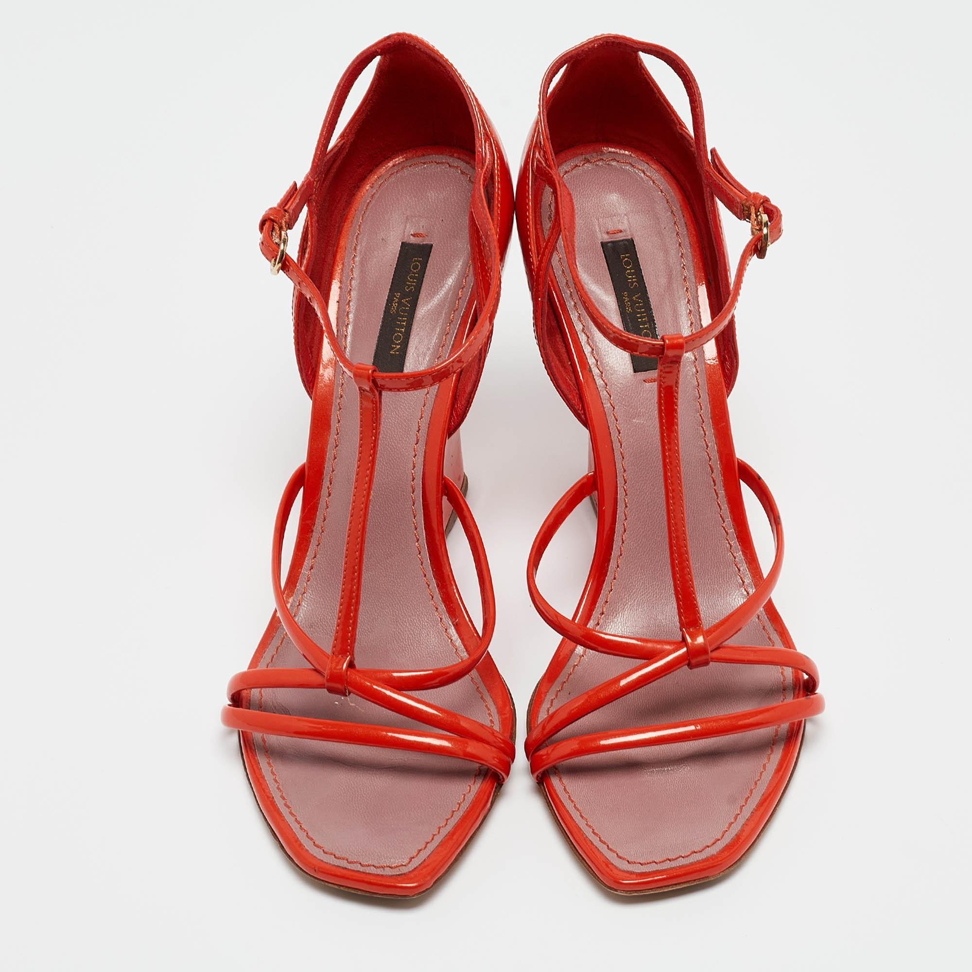 Red Louis Vuitton Orange Patent Leather Strappy Wedge Sandals Size 37.5 For Sale