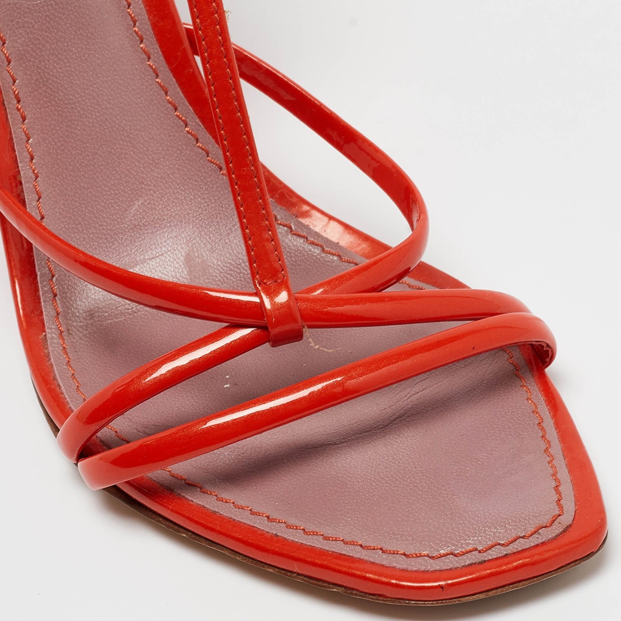 Louis Vuitton Orange Patent Leather Strappy Wedge Sandals Size 37.5 For Sale 2