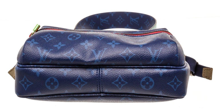 Women's Louis Vuitton Outdoor Messenger Bag PM with blue hardware, adjustable strap