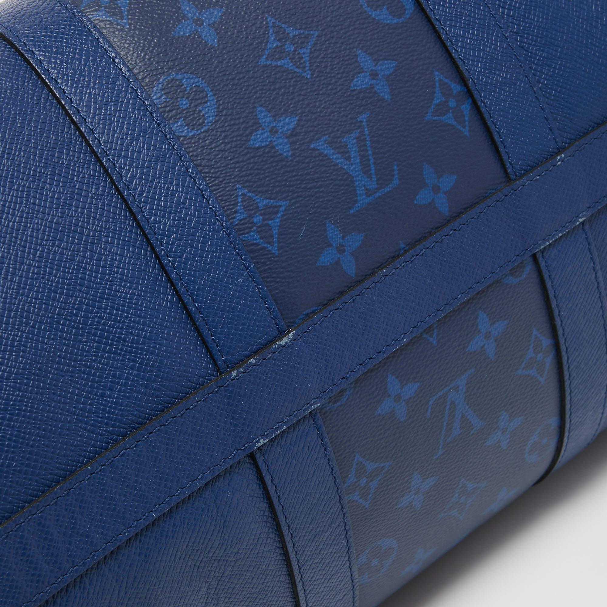 Louis Vuitton Pacific Blue Taiga Leder und Monogramm Eclipse Canvas Keepall Ban mit Monogramm Eclipse im Angebot 6