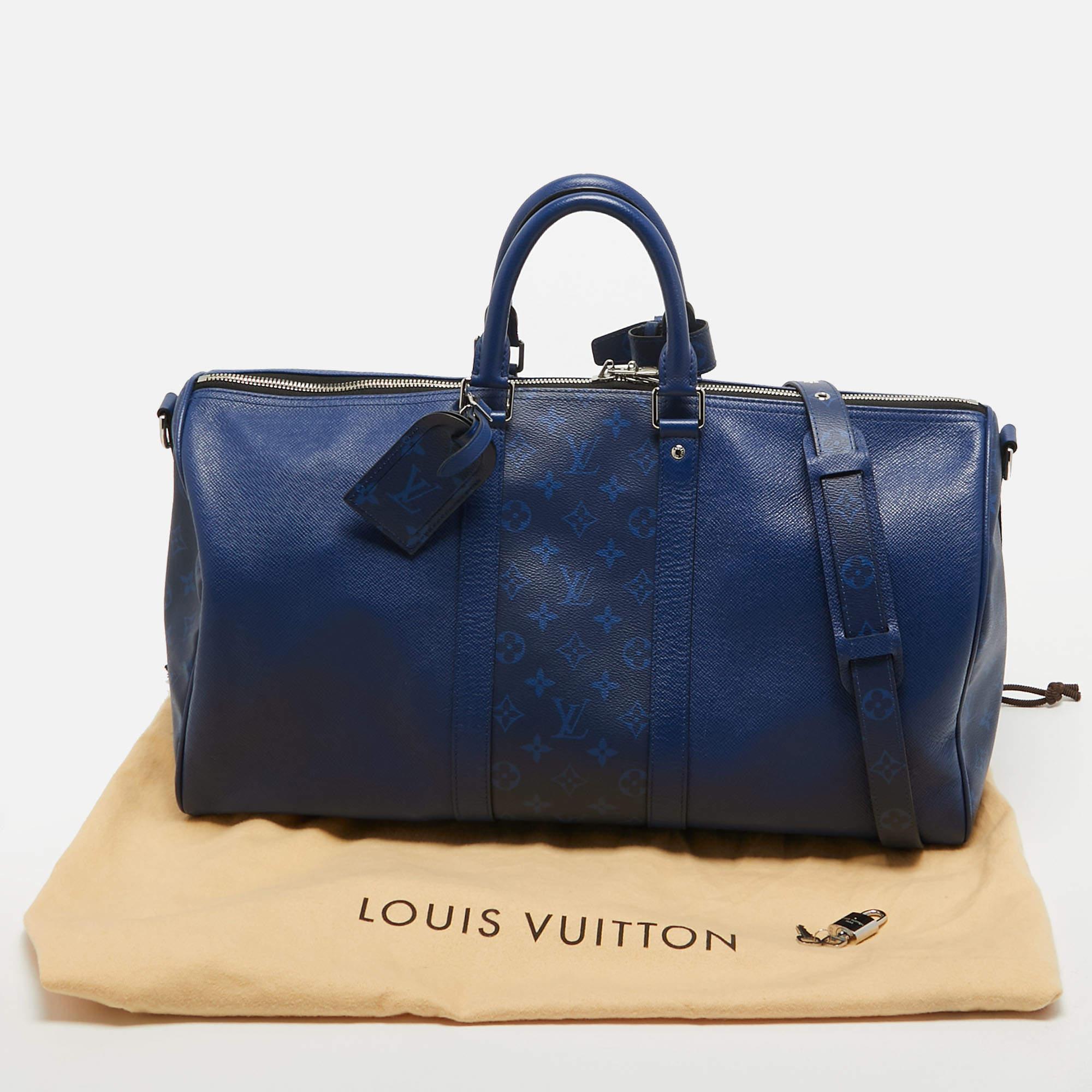 Louis Vuitton Pacific Blue Taiga Leather and Monogram Eclipse Canvas Keepall Ban For Sale 11