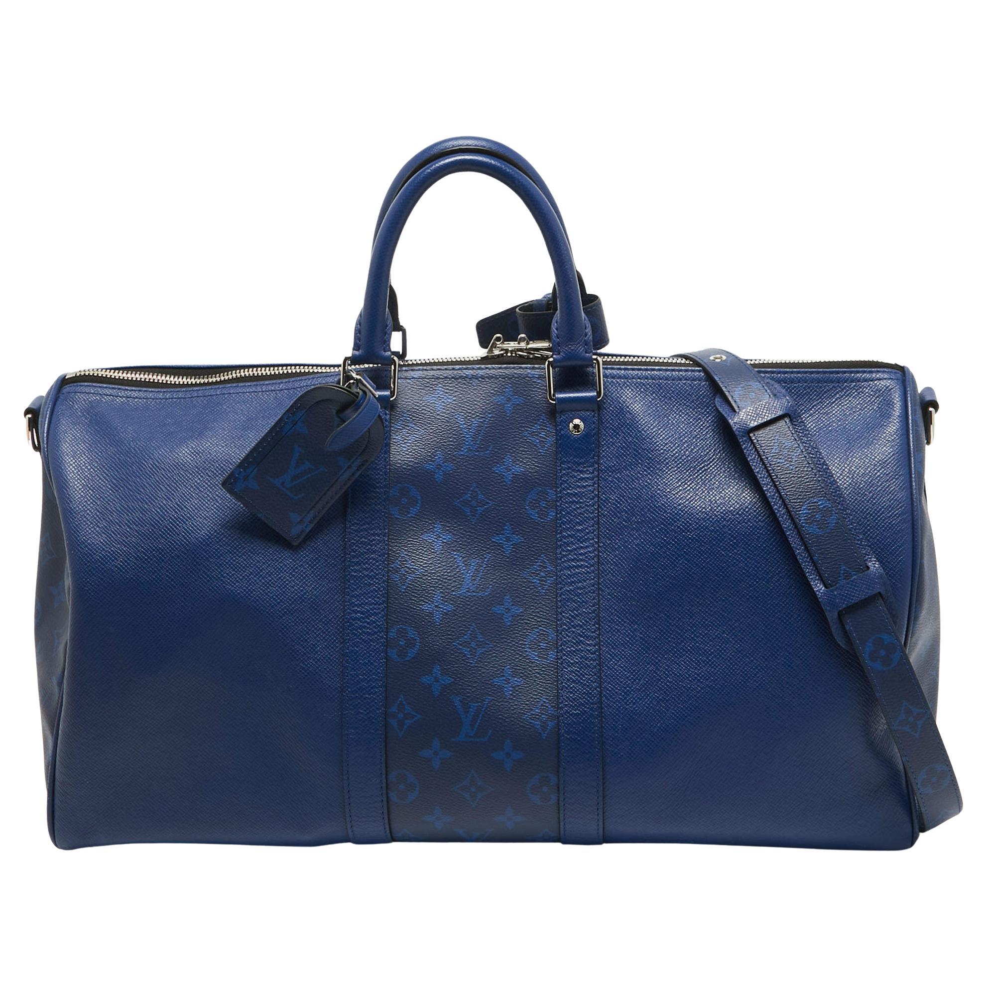 Louis Vuitton Pacific Blue Taiga Leather and Monogram Eclipse Canvas Keepall Ban