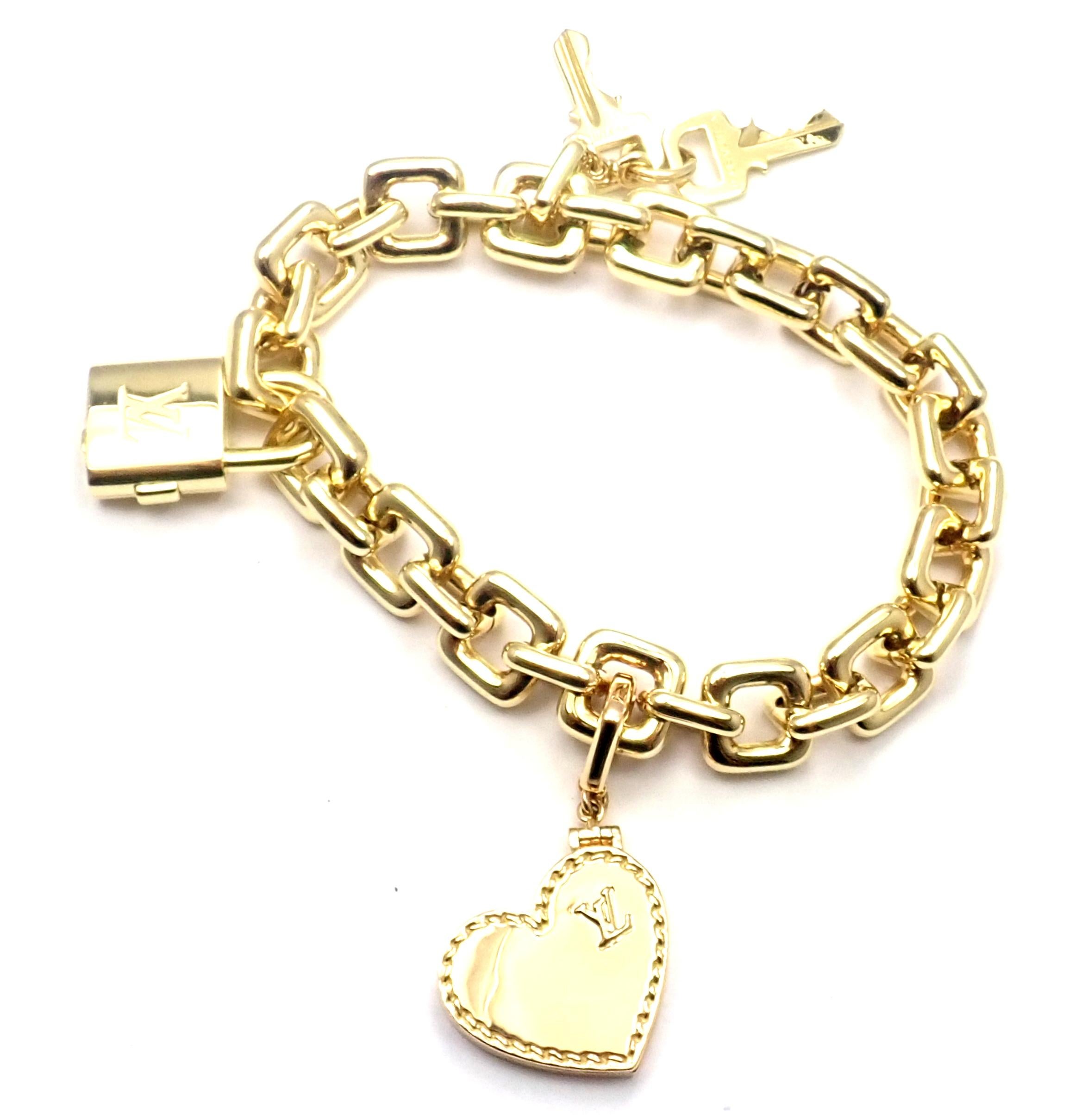 Women's or Men's Louis Vuitton Padlock Heart Locket Charm Link Yellow Gold Bracelet