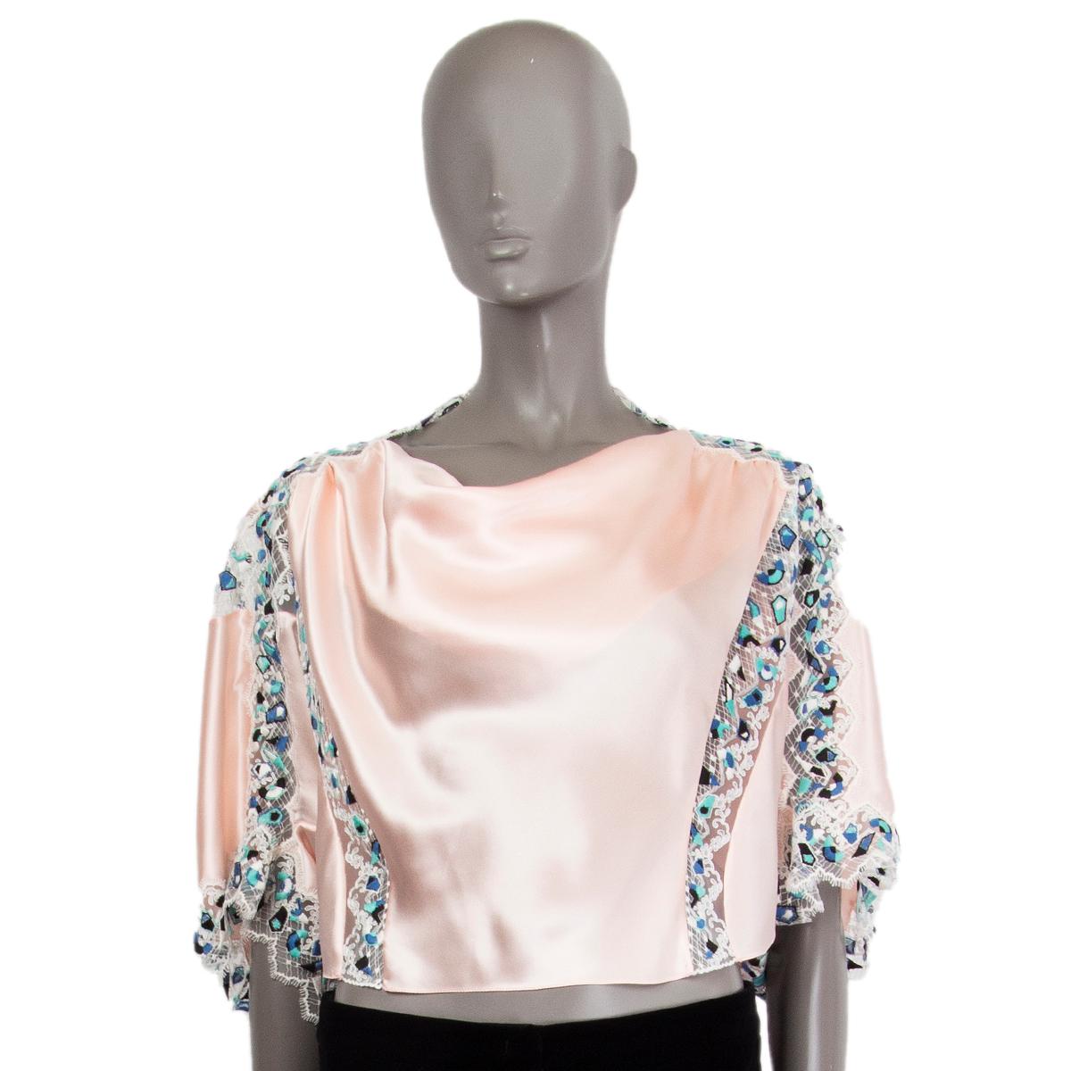 Women's LOUIS VUITTON pale pink silk EMBROIDERE LACE TRIM CROP Shirt 38 S