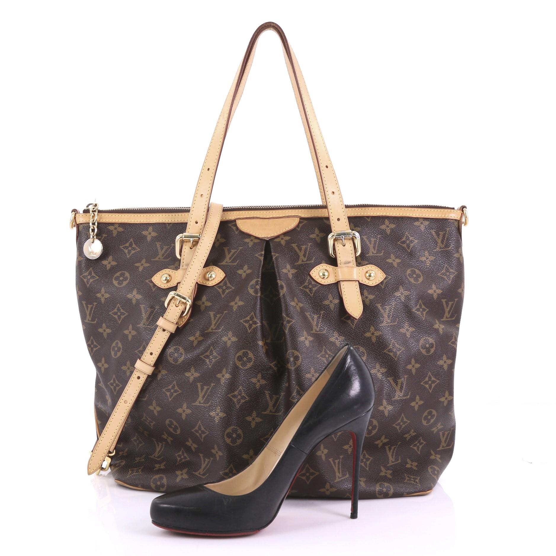 This Louis Vuitton Palermo Handbag Monogram Canvas GM, crafted in brown monogram coated canvas and vachetta leather trim, features adjustable handles, inverted pleating and gold-tone hardware. Its zip closure opens to a brown fabric interior with