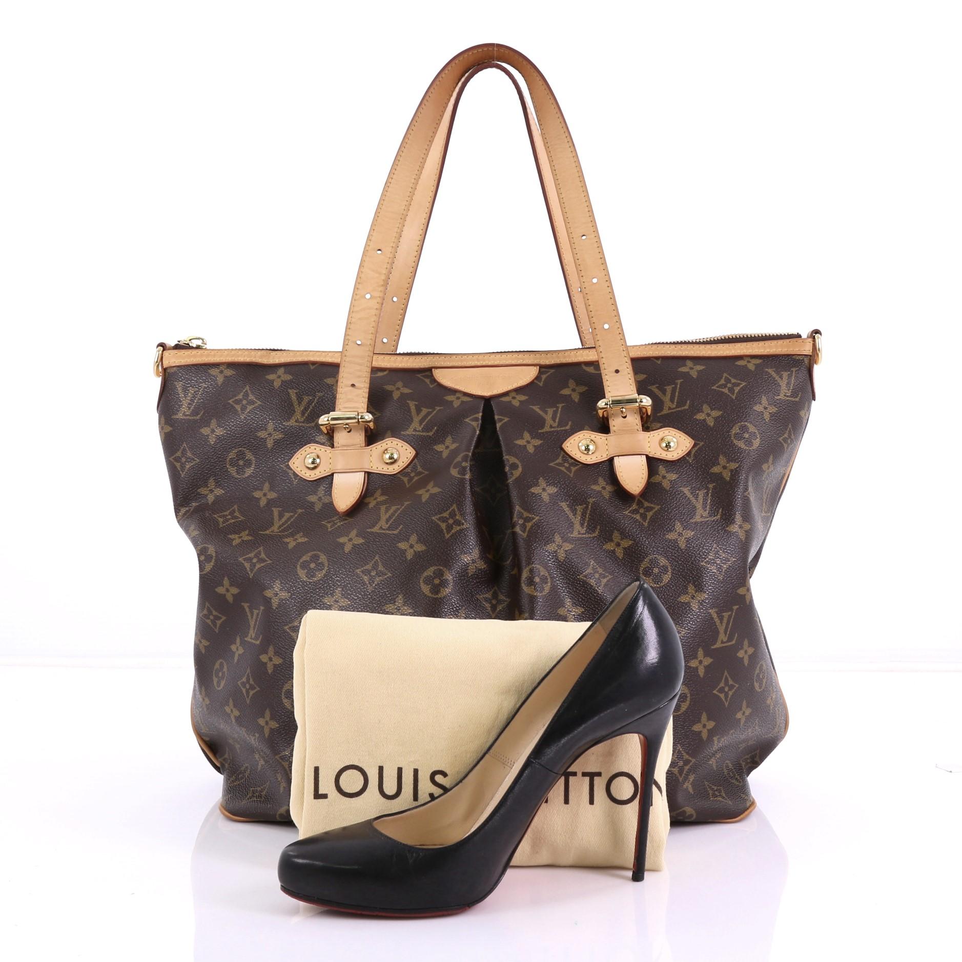This Louis Vuitton Palermo Handbag Monogram Canvas GM, crafted in brown monogram coated canvas and vachetta leather trim, features adjustable handles, inverted pleating, and gold-tone hardware. Its zip closure opens to a brown fabric interior with
