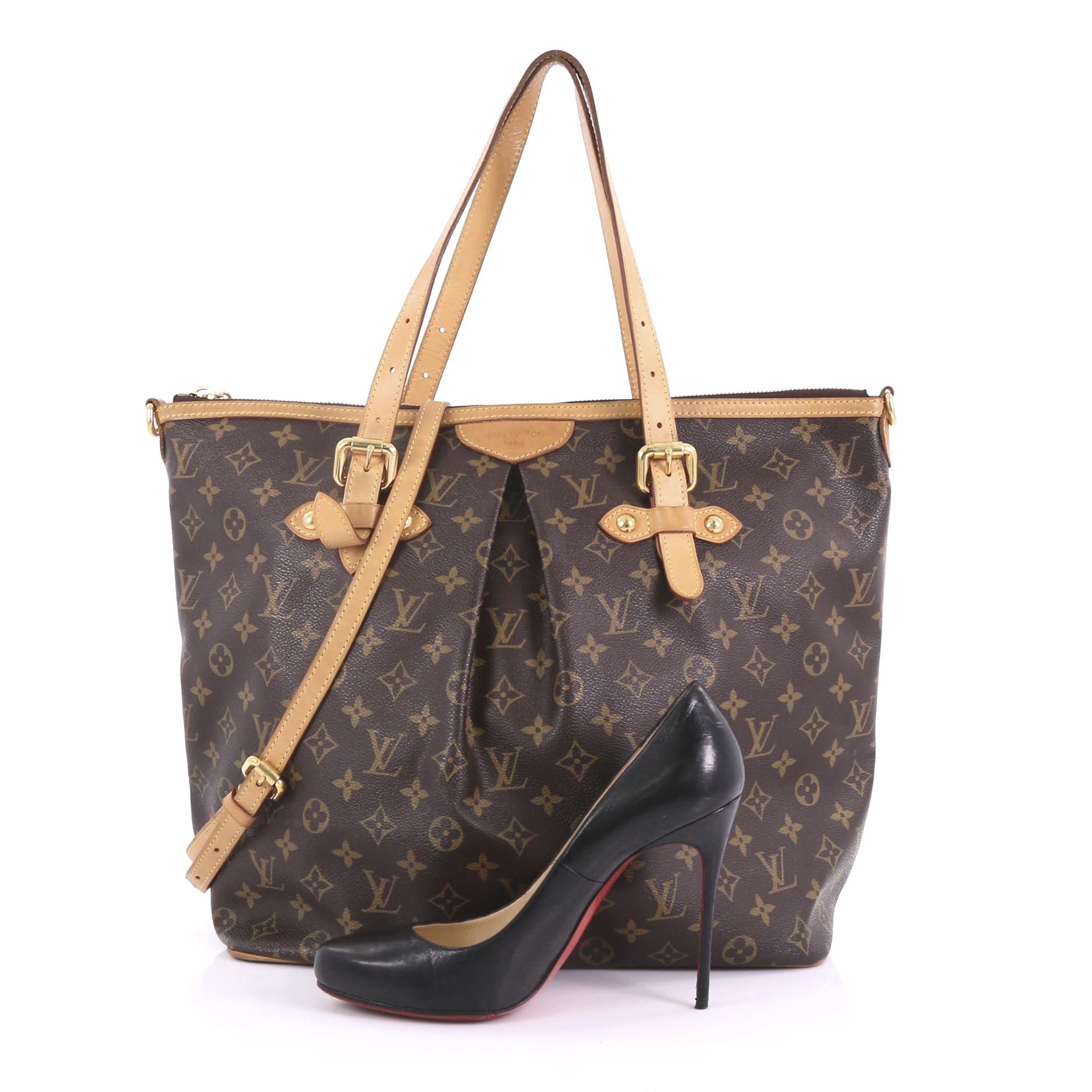 This Louis Vuitton Palermo Handbag Monogram Canvas GM, crafted from brown monogram coated canvas with vachetta leather trim, features dual flat leather handles, pleated silhouette, and gold-tone hardware. Its zip closure opens to a brown fabric