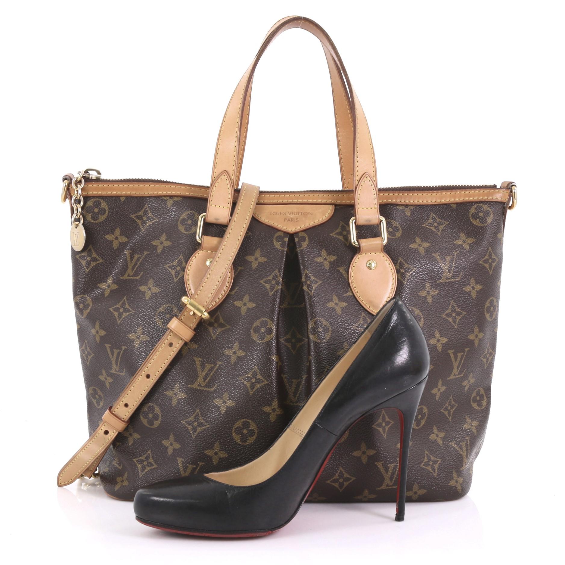 This Louis Vuitton Palermo Handbag Monogram Canvas PM, crafted from brown monogram coated canvas with vachetta leather trim, features dual flat leather handles, pleated silhouette, and gold-tone hardware. Its zip closure opens to a brown fabric