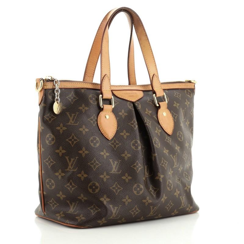 This Louis Vuitton Palermo Handbag Monogram Canvas PM, crafted in brown monogram coated canvas, features adjustable handles, inverted pleating, vachetta leather trim, and gold-tone hardware. Its zip closure opens to a brown fabric interior with slip