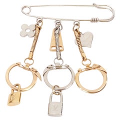 LOUIS VUITTON palladium safety pin w/ triple keyring LV lock heart flower charms