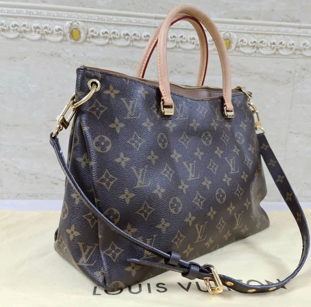 Louis Vuitton, the Pallas is a chic combination of Monogram canvas, natural cowhide leather trim, and colored calf leather. 

This tote is just as much functional as it is luxurious, with its classic natural cowhide leather Toron handles and a