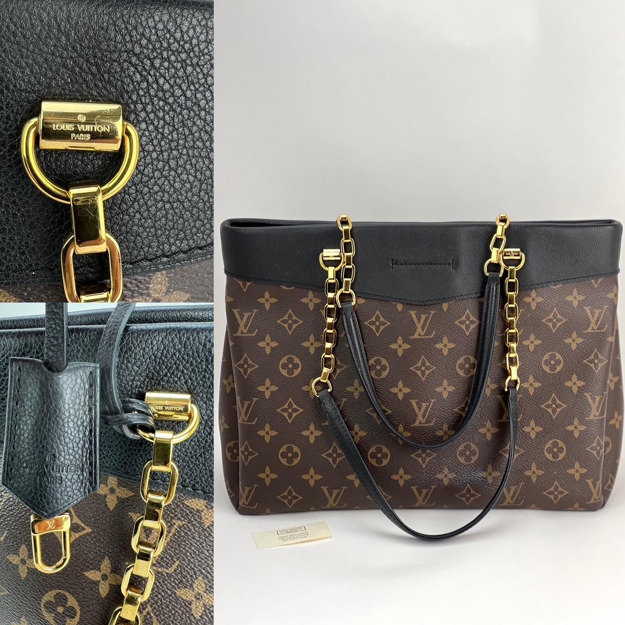 Pre-Owned  100% Authentic
LOUIS VUITTON Pallas Chain Monogram
Shopper Tote Black
RATING: A/B...Very Good, well maintained, 
shows minor signs of wear
MATERIAL: monogram canvas, leather trim
HANDLE:  double leather and chain
DROP: 10''
COLOR: brown,