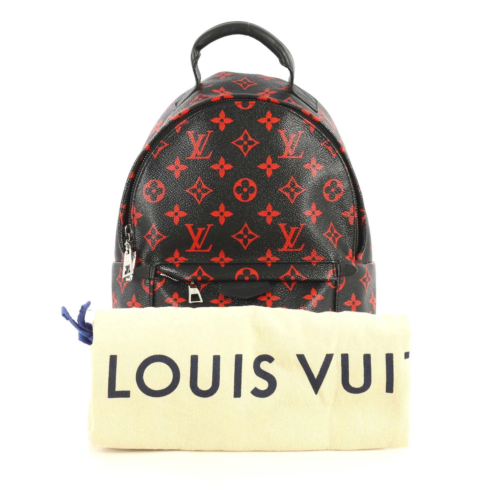 This Louis Vuitton Palm Springs Backpack Limited Edition Monogram Infrarouge PM, crafted from black monogram infrarouge coated canvas, features adjustable shoulder straps, exterior front zip pocket, and silver-tone hardware. Its zip closure opens to