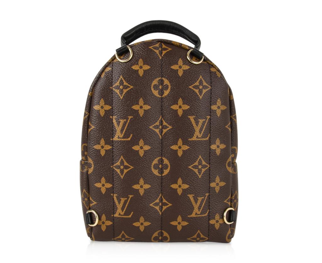 Guaranteed authentic Louis Vuitton signature monogram coated canvas Palm Springs Mini backpack. 
Two adjustable shoulder straps.
Trimmed in calfskin with foam backing.
Leather scarf loop and leather top handle.
Front outside zip pocket.
Interior has