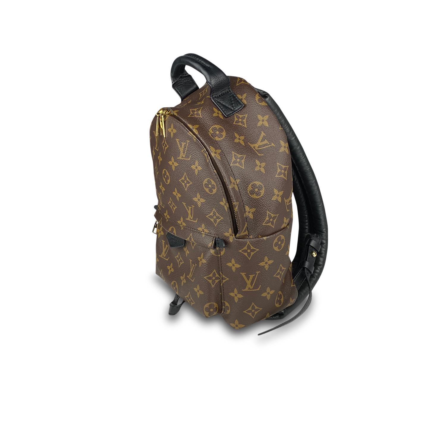 Brown and tan monogram coated canvas Louis Vuitton Palm Springs Backpack PM with

– Brass hardware
– Single flat top handle
– Dual adjustable flat shoulder straps
– Black leather trim
– Single exterior zip pouch, black nylon lining, single interior