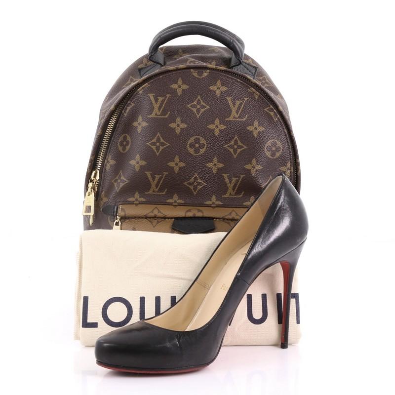 This Louis Vuitton Palm Springs Backpack Reverse Monogram Canvas PM, crafted from brown reverse monogram coated canvas, features a padded leather top handle, adjustable shoulder straps, exterior front zip pocket, and gold-tone hardware. Its zip