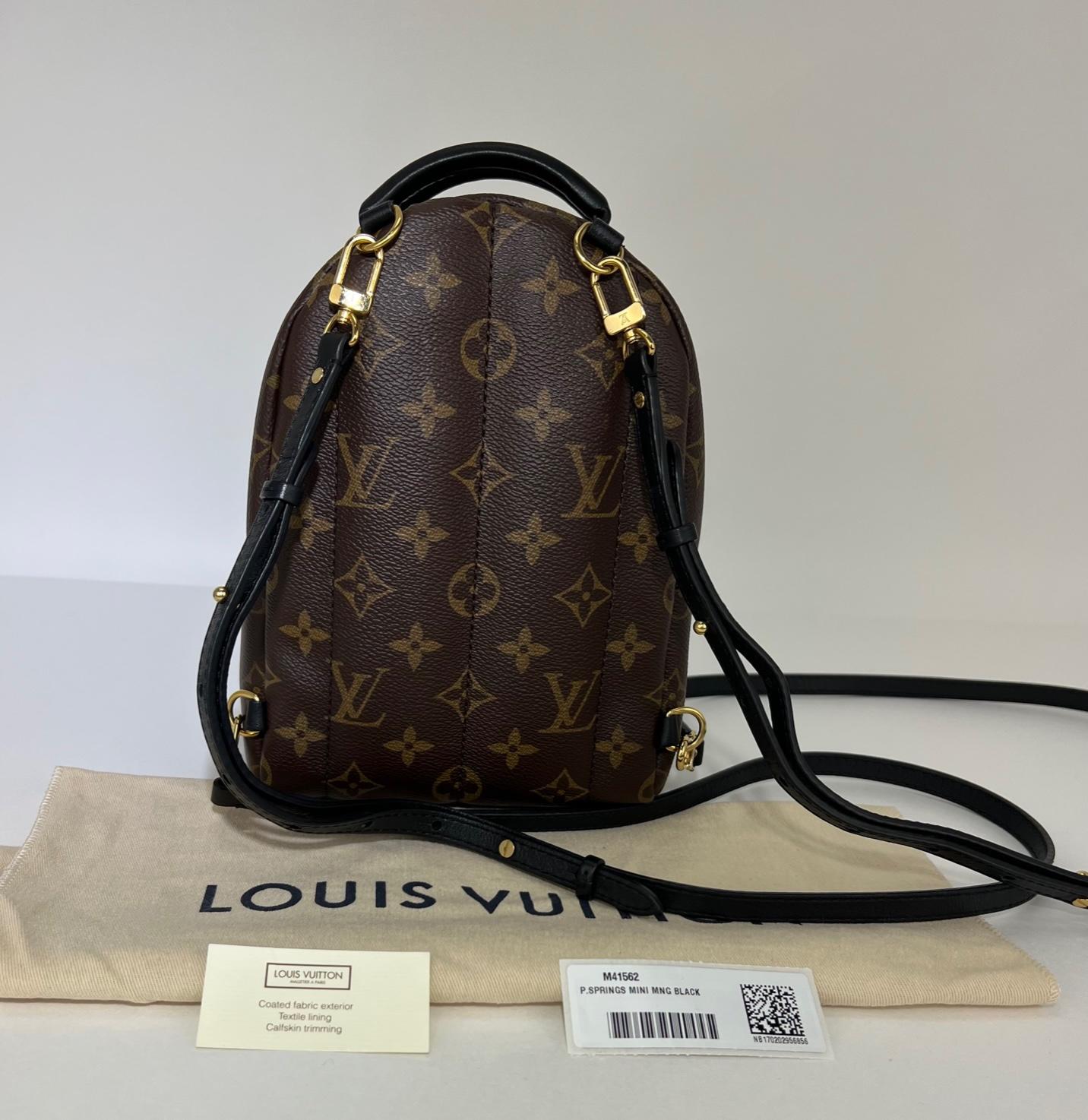 Pre-Owned  100% Authentic
LOUIS VUITTON Palm Springs Mini Monogram Backpack 
RATING: A...Excellent, near mint, only slight 
signs of wear
MATERIAL: monogram canvas, leather trim
STRAP: 2 black adjustable leather shoulder straps
37'' to 45''