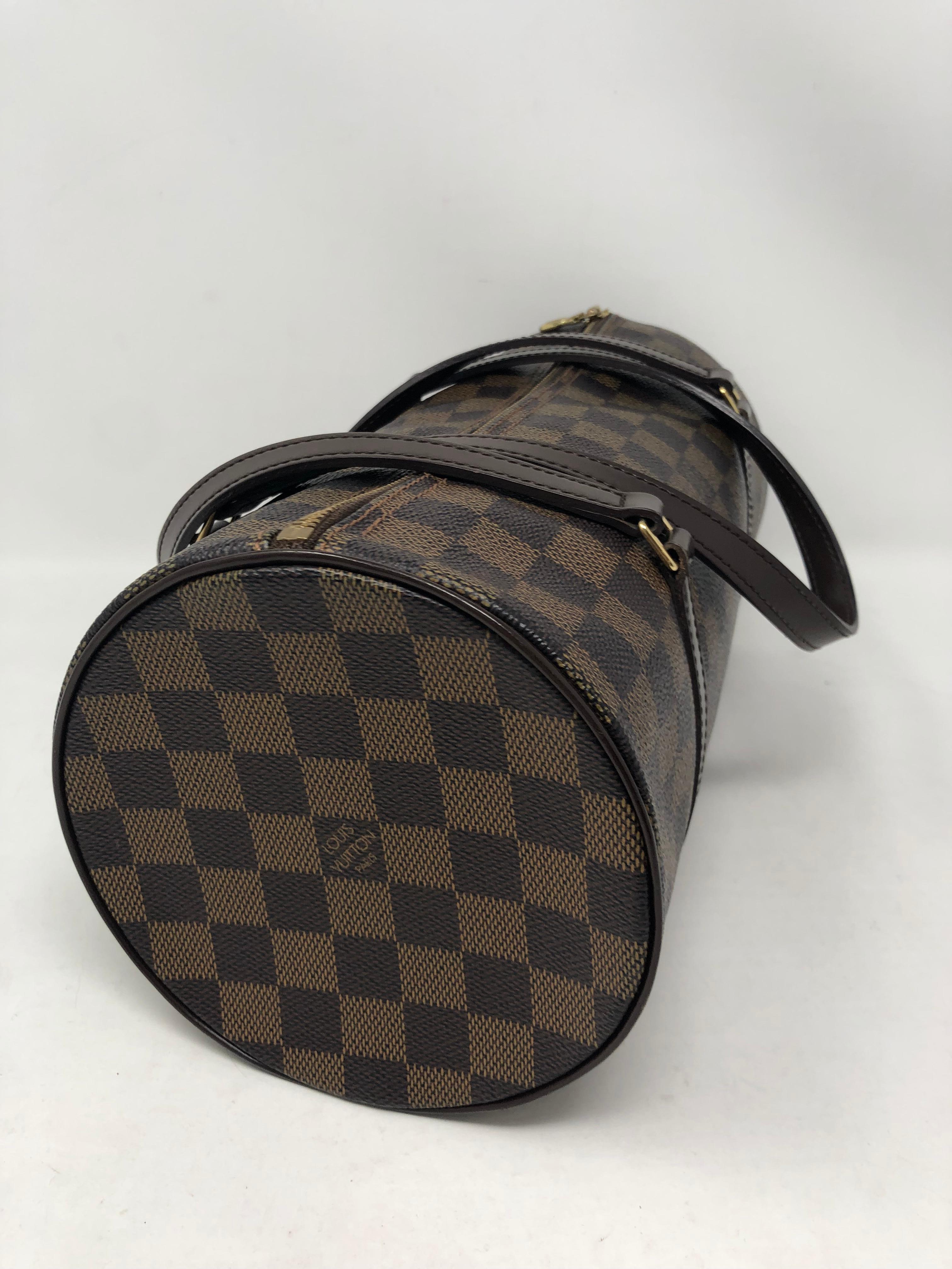 Louis Vuitton Damier Ebene Papillon. Tootsie Roll style LV bag. Barrel shaped. Retired style. Larger size. Classic bag. Red leather interior. Vintage Louis Vuitton. Guaranteed authentic. 