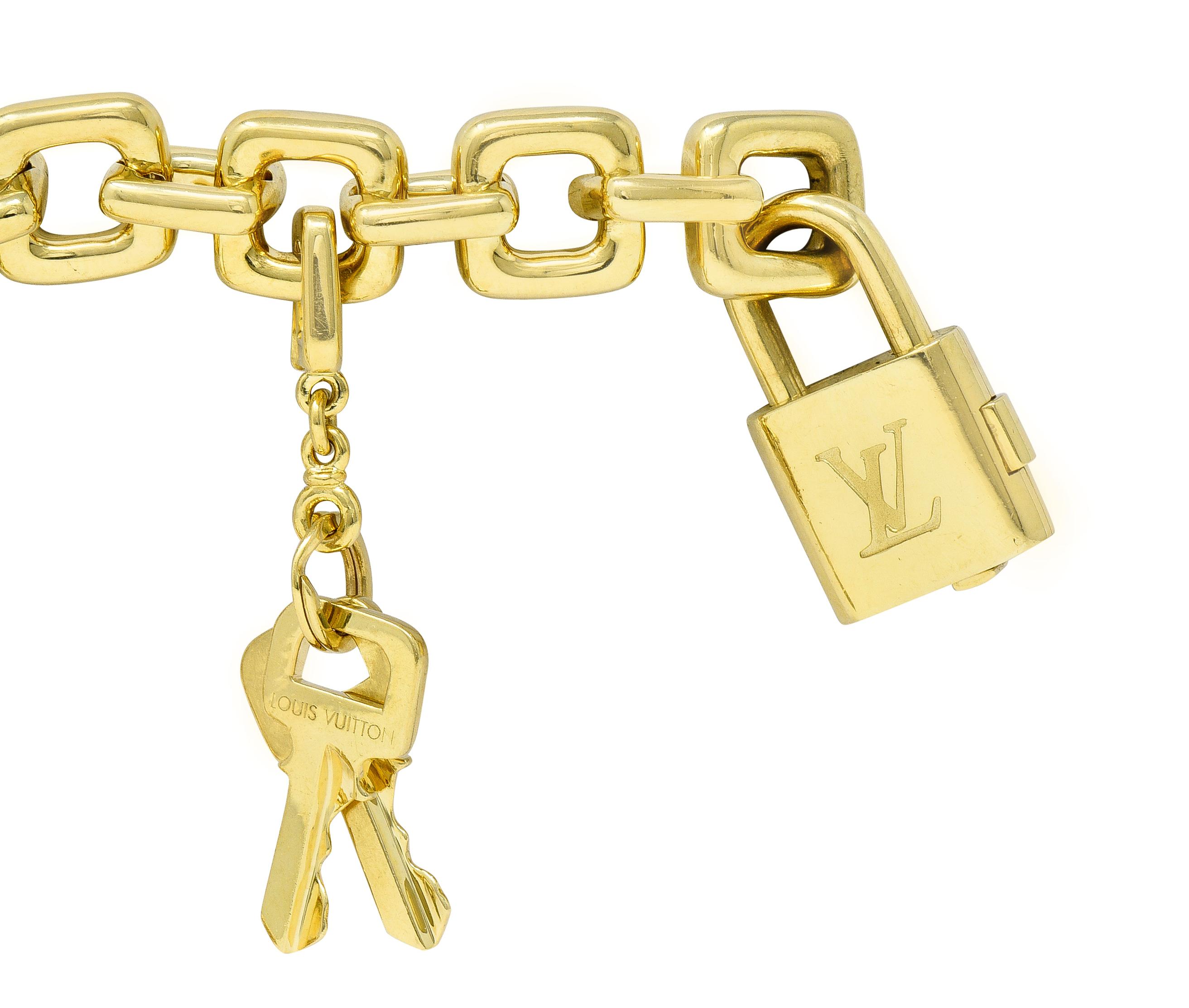 Women's or Men's Louis Vuitton Paris 2000s 18 Karat Yellow Gold Square Lock & Key Charm Bracelet