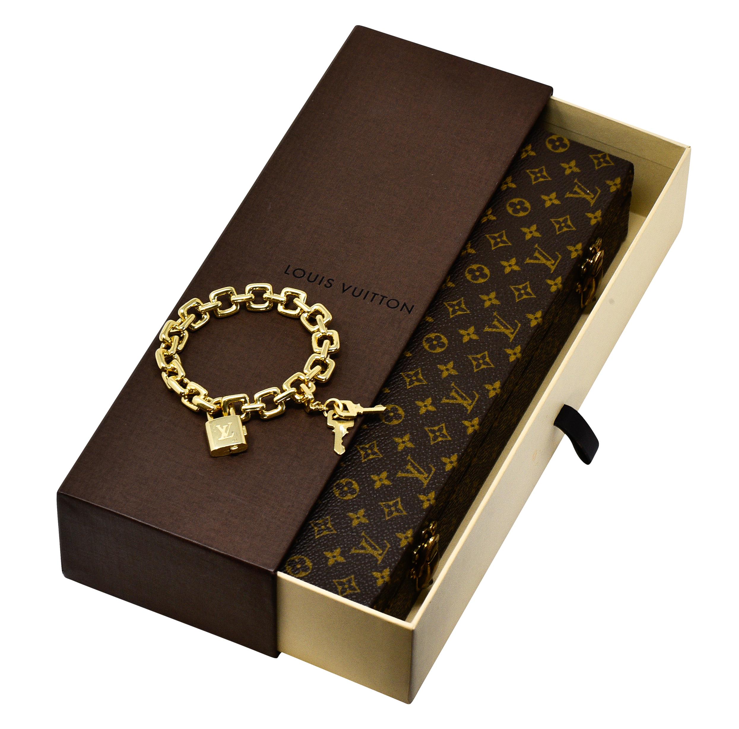 Louis Vuitton Paris 2000s 18 Karat Yellow Gold Square Lock & Key Charm Bracelet 1