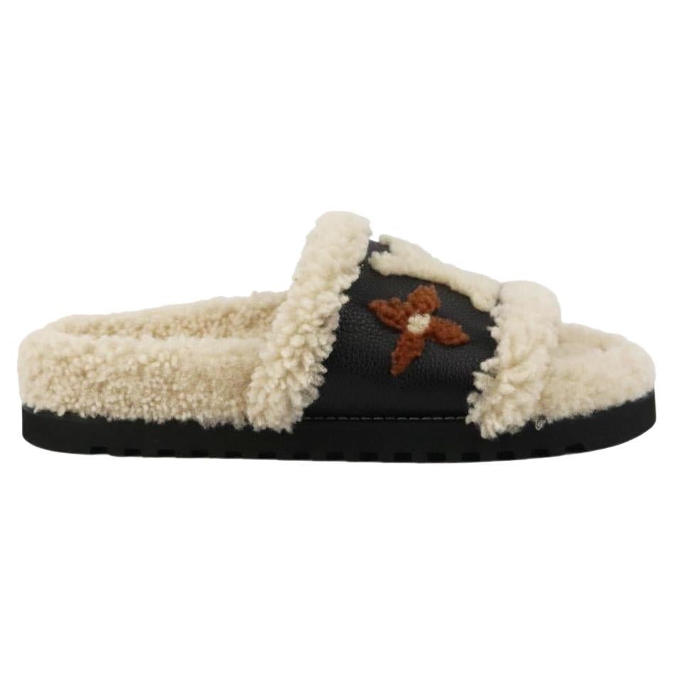 Louis Vuitton Paseo Flat Comfort Mule Black Logo Shearling Fur Slide Sandal  38