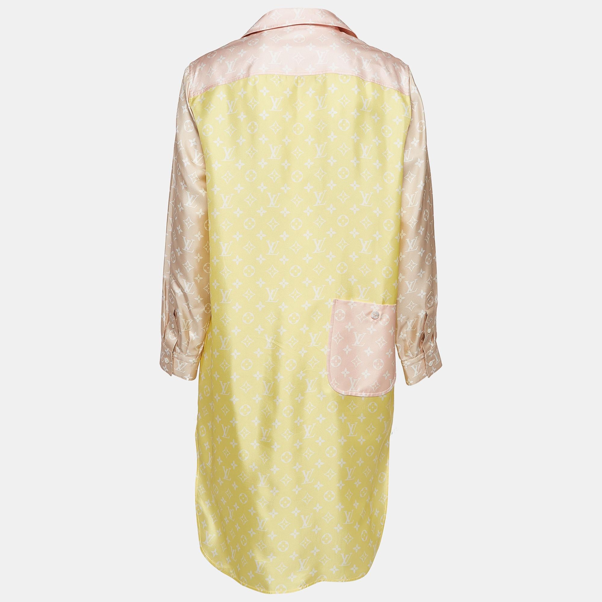 Introducing the Louis Vuitton dress, a captivating fusion of luxury and playfulness. Crafted from sumptuous silk, its pastel yellow hue exudes warmth and vitality. The iconic LV monogram pattern adds a touch of timeless charm, while the high-low