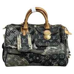 Sac à main Louis Vuitton Speedy 30 Patchwork en denim gris et noir
