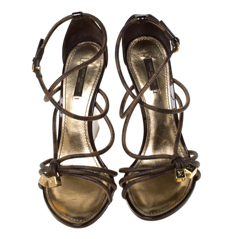 Black Louis Vuitton Patent Leather And Canvas Strappy Wedge Sandals Size 40