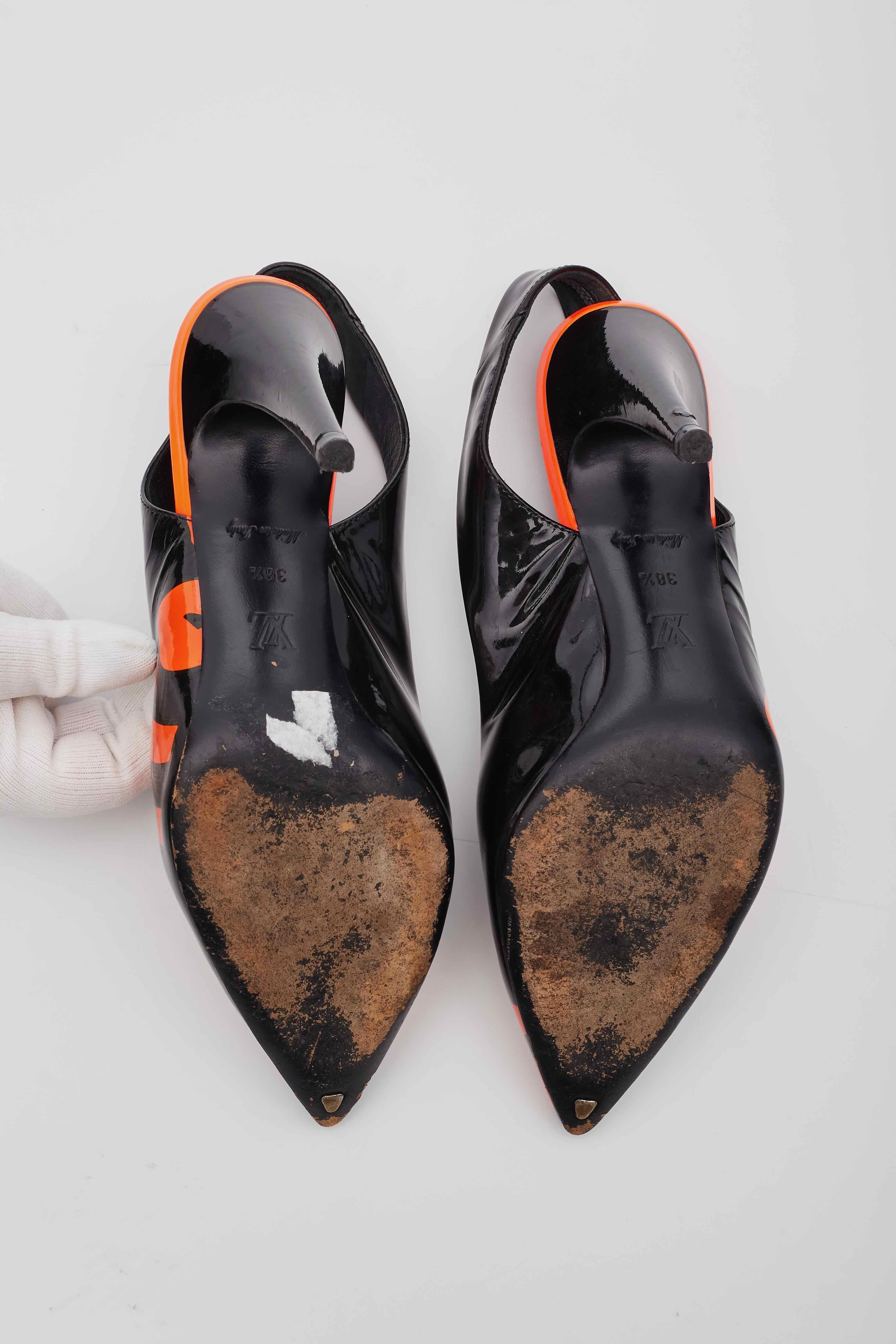 Louis Vuitton Patent Leather Orange Black Graffiti Slingback Heels For Sale 6