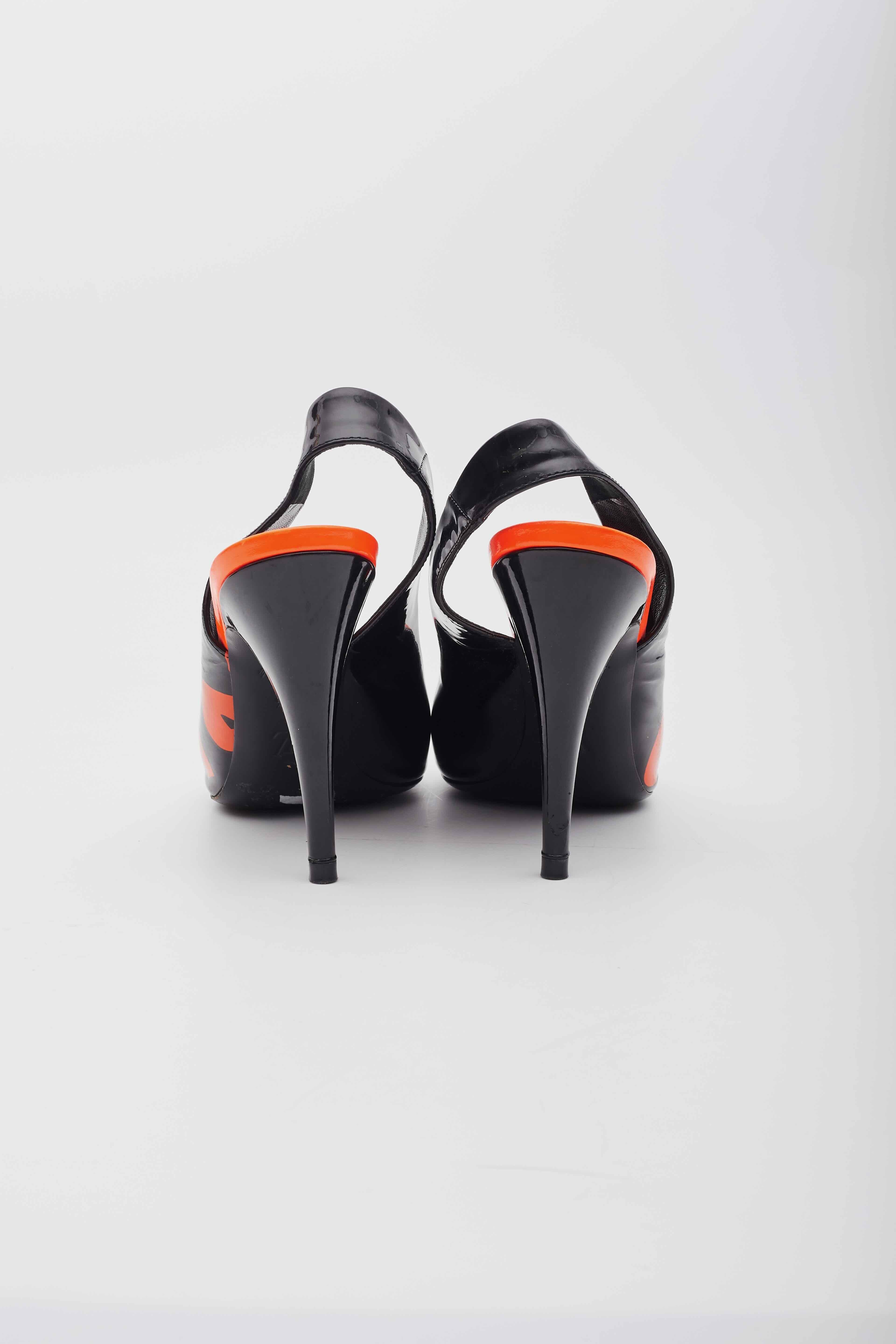 Women's Louis Vuitton Patent Leather Orange Black Graffiti Slingback Heels For Sale