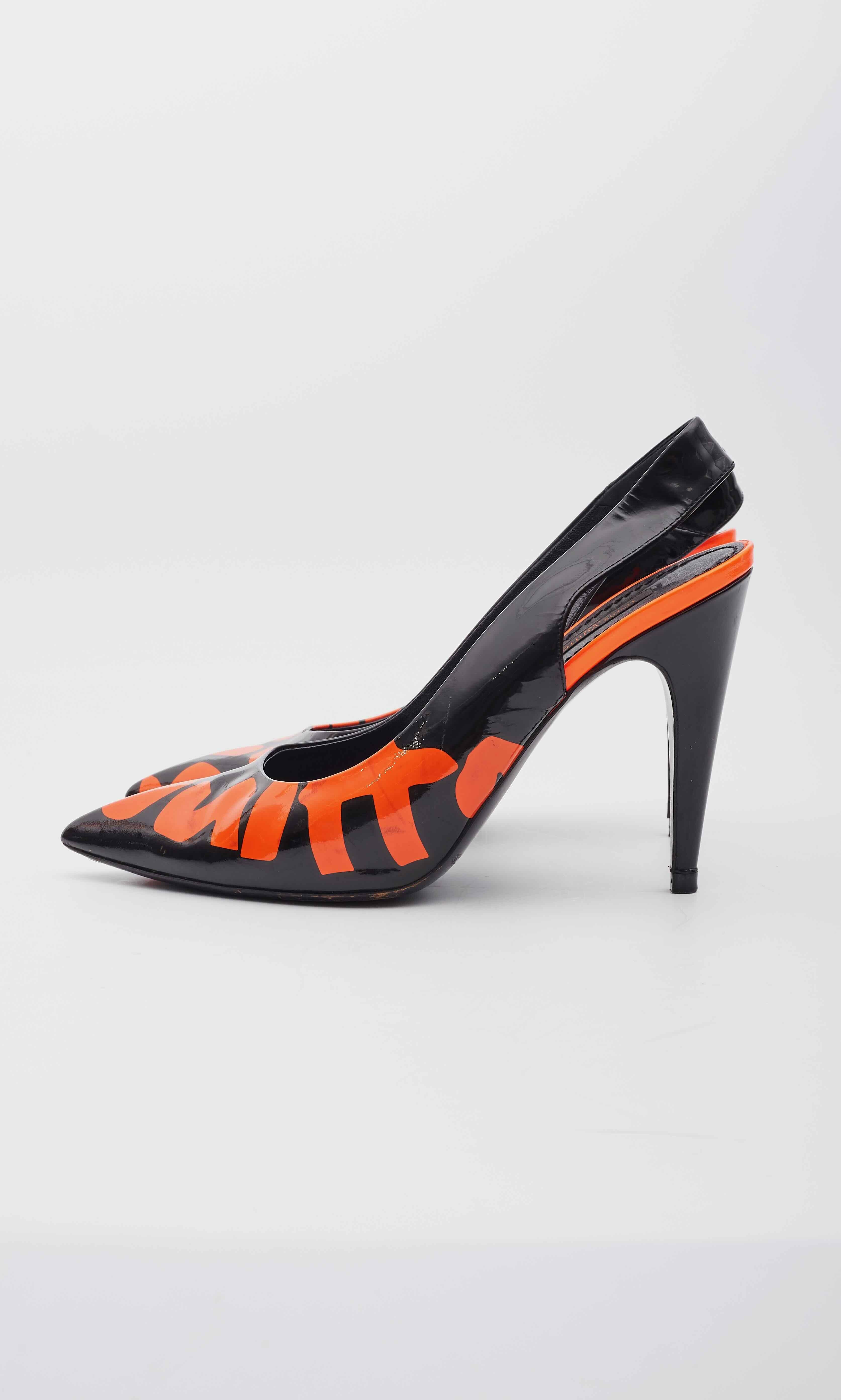 Louis Vuitton Patent Leather Orange Black Graffiti Slingback Heels For Sale 2