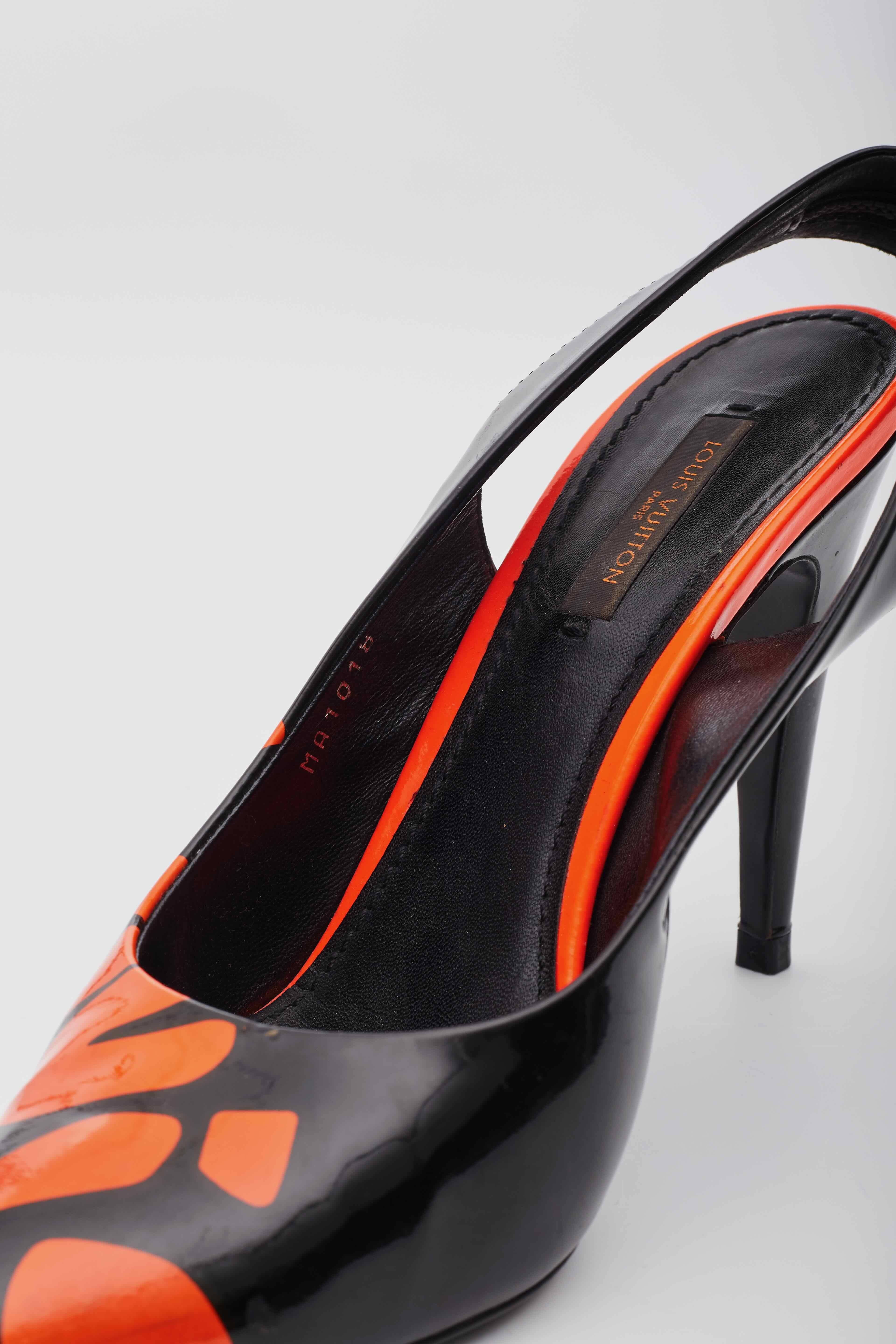 Louis Vuitton Patent Leather Orange Black Graffiti Slingback Heels For Sale 3