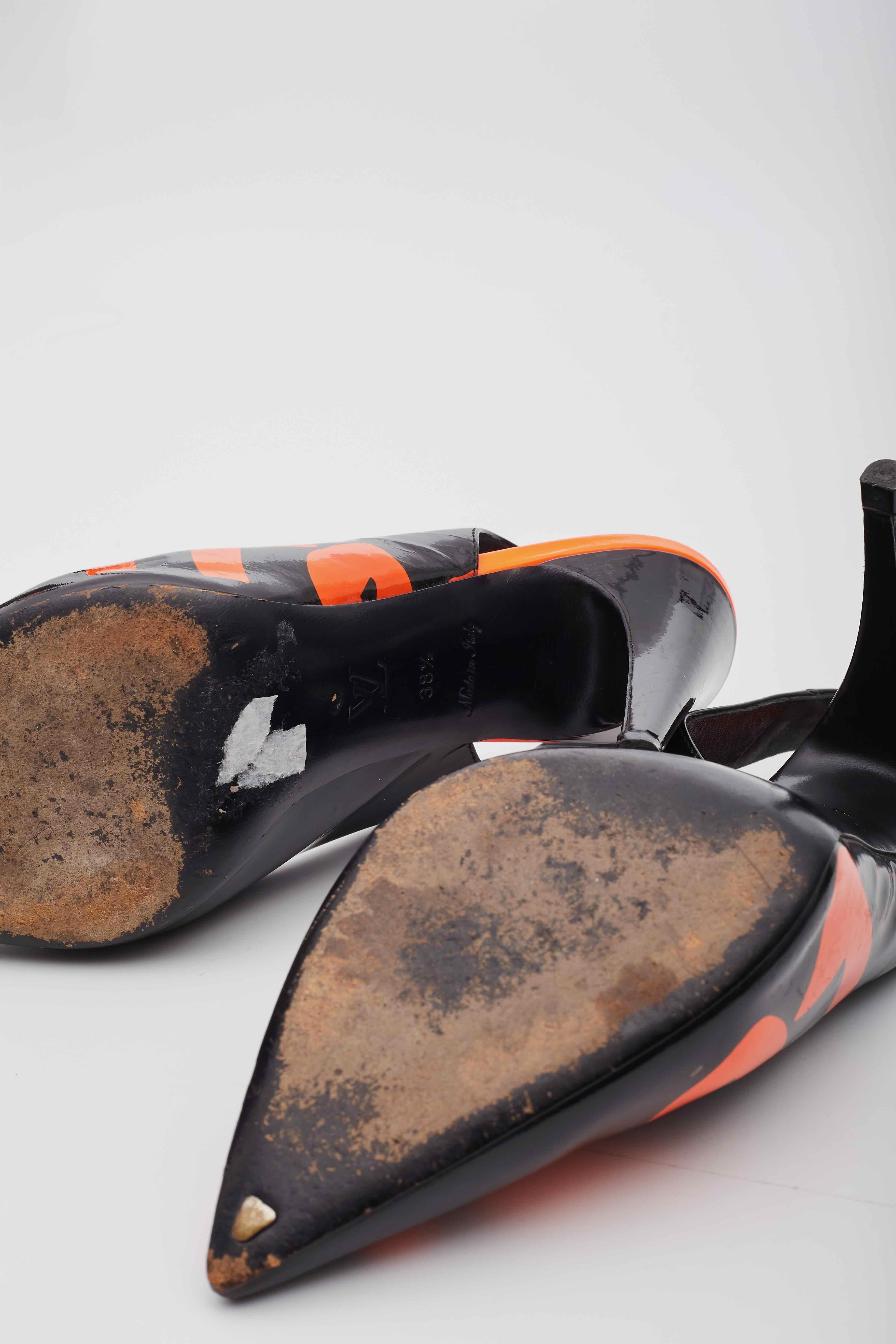 Louis Vuitton Patent Leather Orange Black Graffiti Slingback Heels For Sale 4